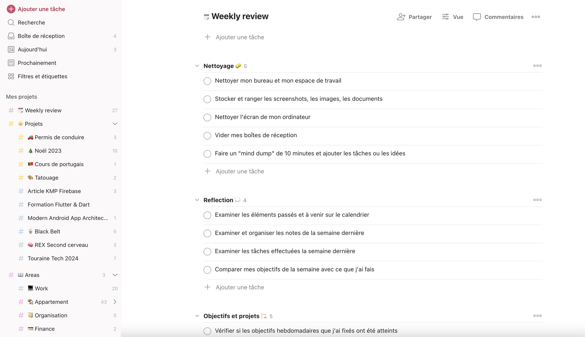 Capture d'écran de mon projet Weekly Review sur Todoist