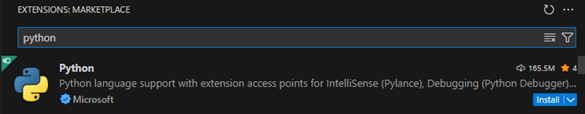 Capture d'écran de l'extension Python VSCode à installer
