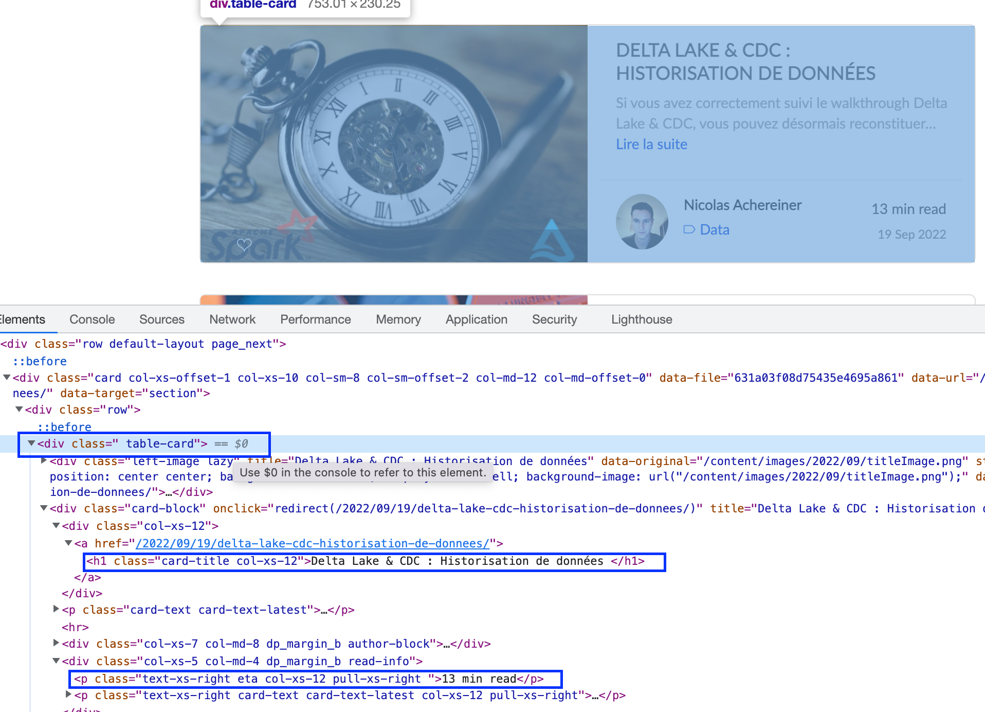 Analyse du code HTML d'un article de Blog: le titre, le temps de lecture, et la div les contenant sont mise en avant