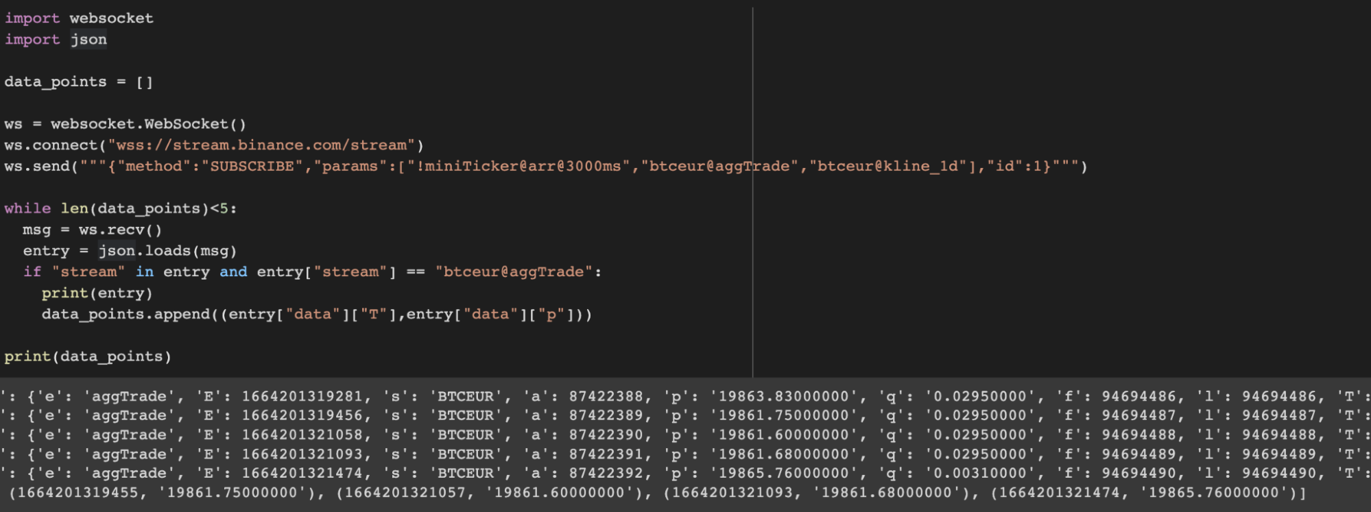 Code pour lecture de la Websocket de Binance, avec le résultat en bas: Les mêmes JSON de l'image précédente