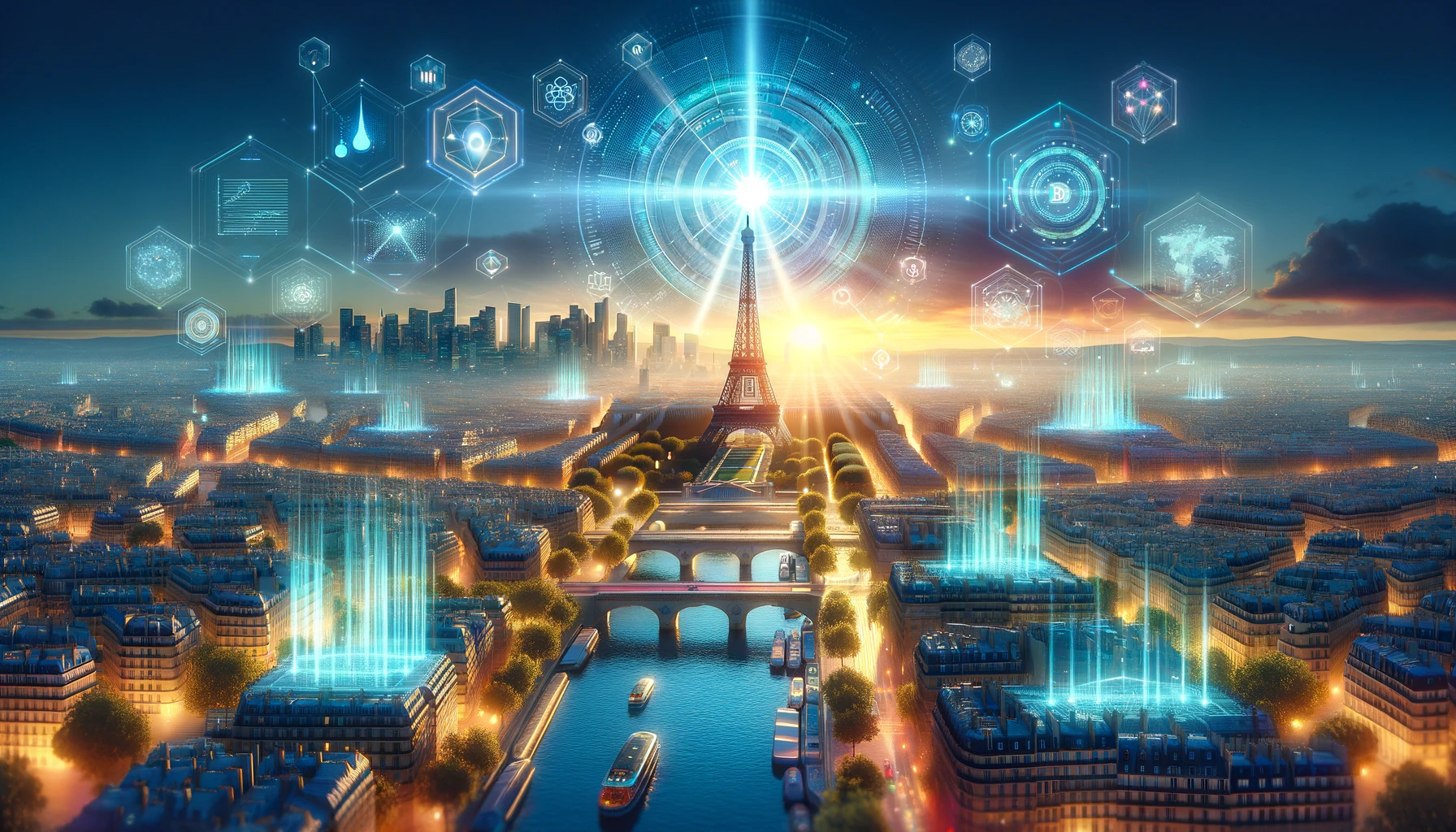 Représentation par IA de la Tour Eiffel entourée d'hologrammes contenant des symbôles liés à la blockchain