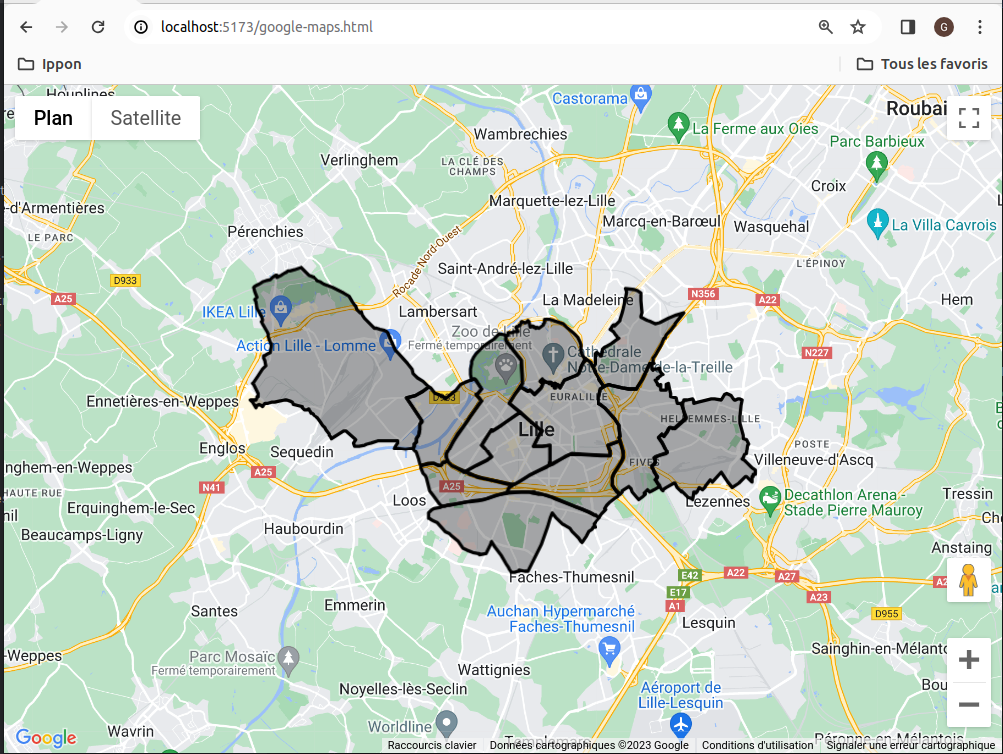 GeoJSON de Lille recentré affiché sur Google Maps
