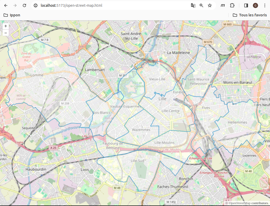Open Street map centré sur Lille avec les styles par défault