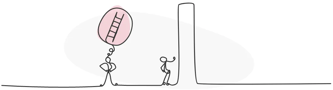 Une personne est bloquée par un mur, une autre personne réfléchit d'utiliser une échelle.