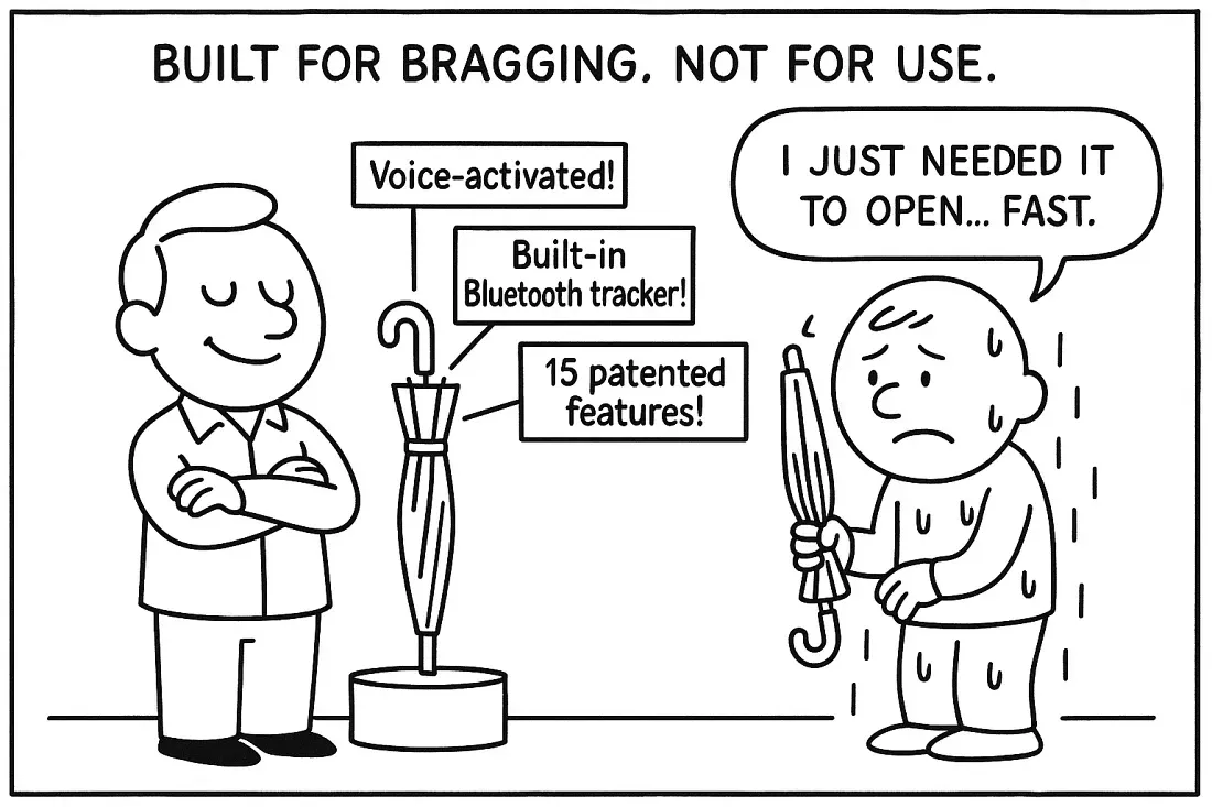 Un exemple d'un parapluie conçu pour frimer, mais pas pour être utilisé.