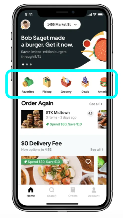 Page d'accueil de l'application Uber Eats avec un filtre représenté par une liste d'élément statique