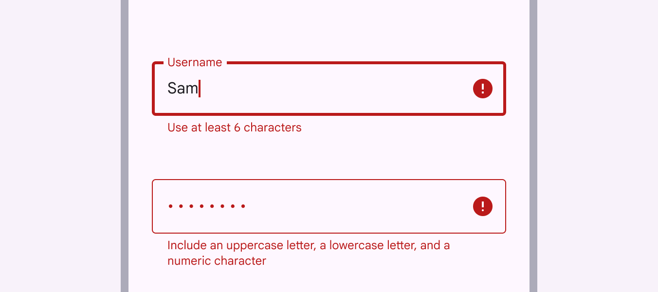 Formulaires avec des erreurs sur les champs de saisies avec une bordure rouge, une icône d'erreur et un texte informant sur la nature de l'erreur