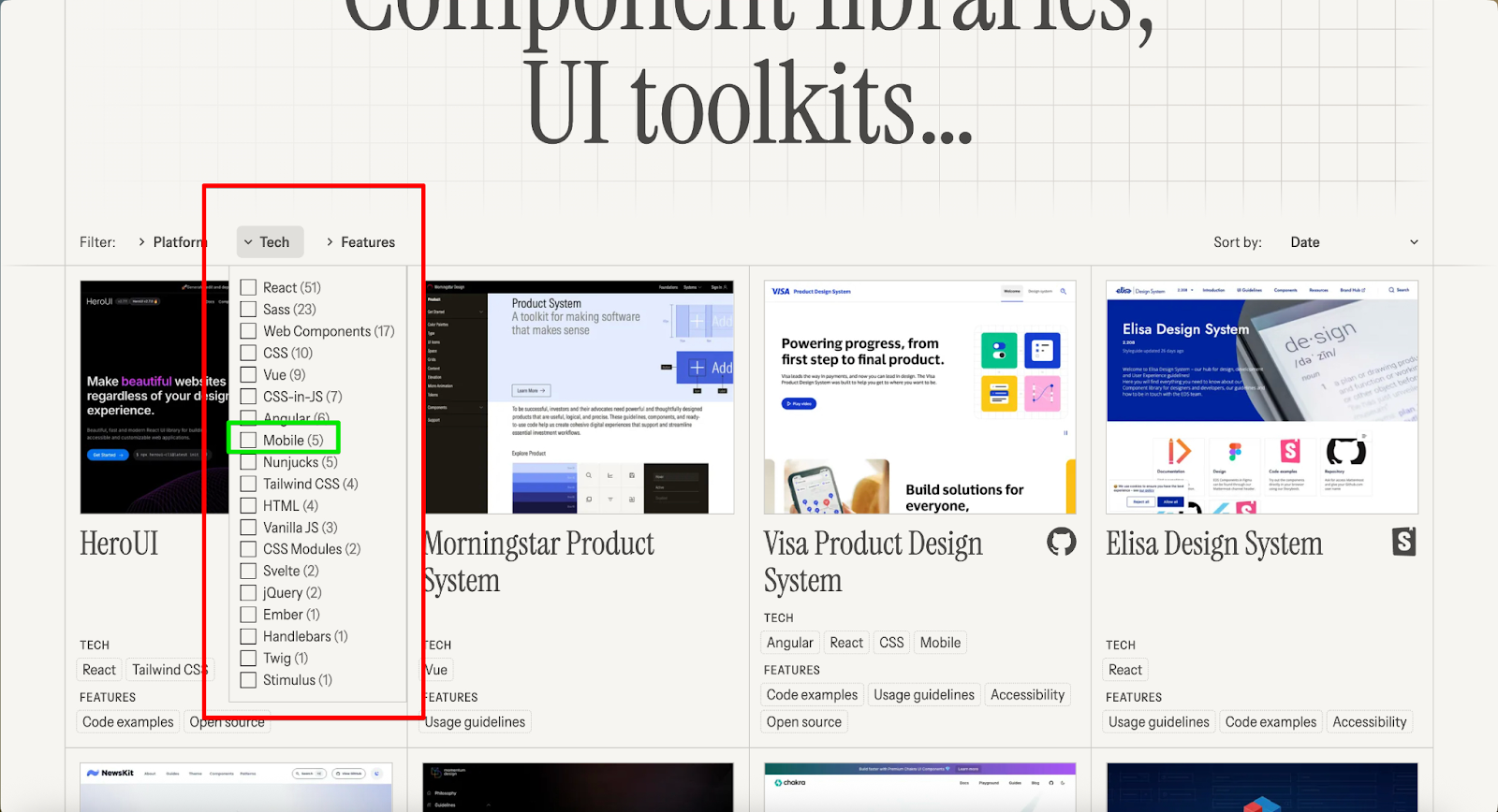 nombre de design systems mobiles dans the component gallery