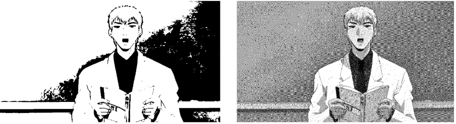 Comparaison entre une image en noir et blanc et une image qui utilise l’algorithme dithering Floyd-Steinberg.