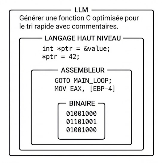 Les différents niveaux d'abstraction du code, chaque niveau encapsulant le précédent. On a, du plus spécifique au plus global : Binaire < Assembleur < Langage haut niveau < LLM