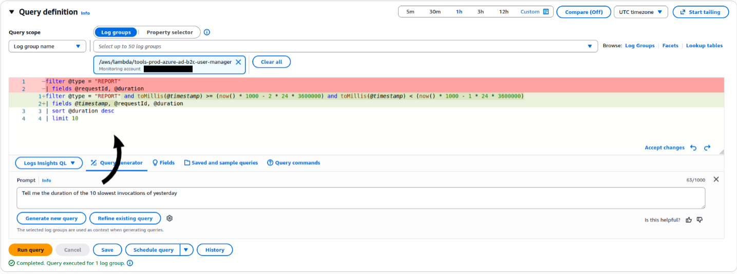 Screenshot demonstrating a prompt being converted in SQL Query