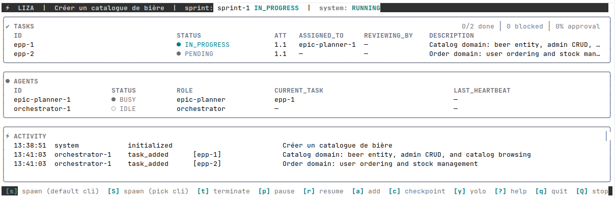 Capture du TUI Liza montrant l'orchestrateur qui a créé deux epics et un agent epic-planner au travail
