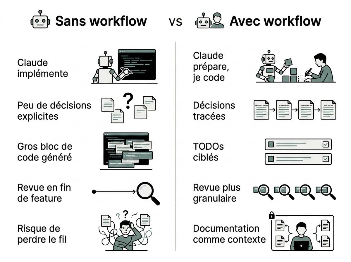 A clean side-by-side comparison diagram or infographic titled 'Sans workflow vs Avec workflow'. On the left side ('Sans workflow'), show points like: Claude implémente, Peu de décisions explicites, Gros bloc de code généré, Revue en fin de feature, Risque de perdre le fil. On the right side ('Avec workflow'), show points like: Claude prépare, je code, Décisions tracées, TODOs ciblés, Revue plus granulaire, Documentation comme contexte. Use clean visual iconography and modern diagram styling.